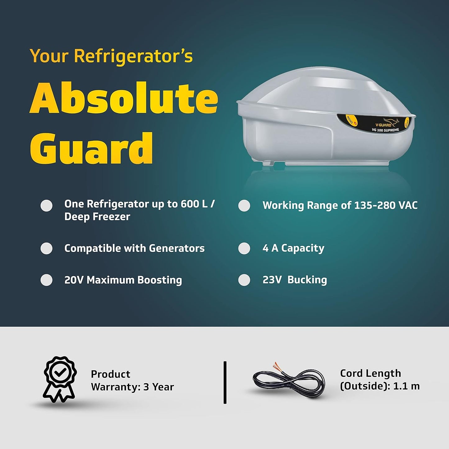 V-Guard VG 100 Voltage Stabilizer For Refrigerator (Up To 600L)